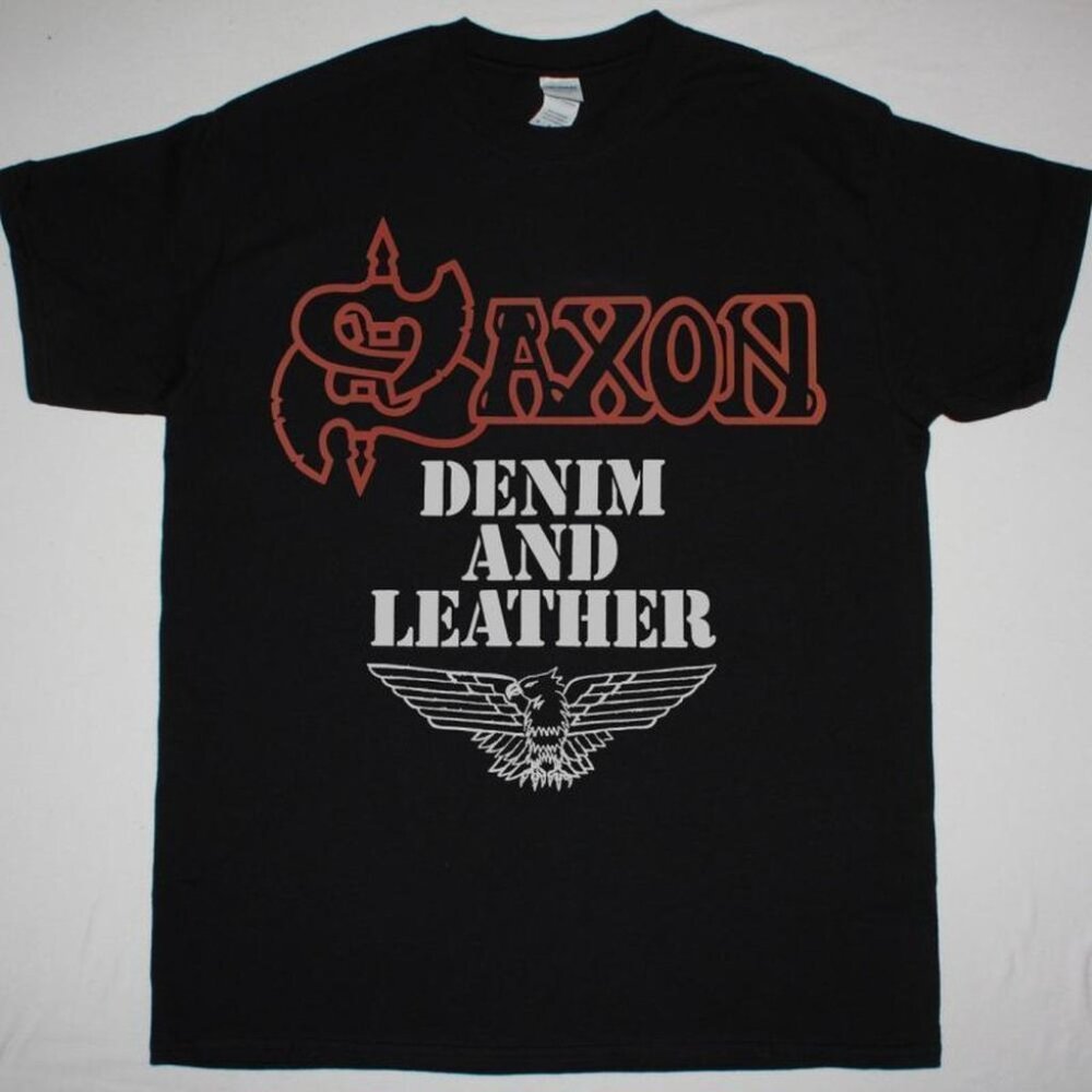 Saxon Denim And Leather 1981 Retro Rock Band Classic Black Graphic T-Shirt  184